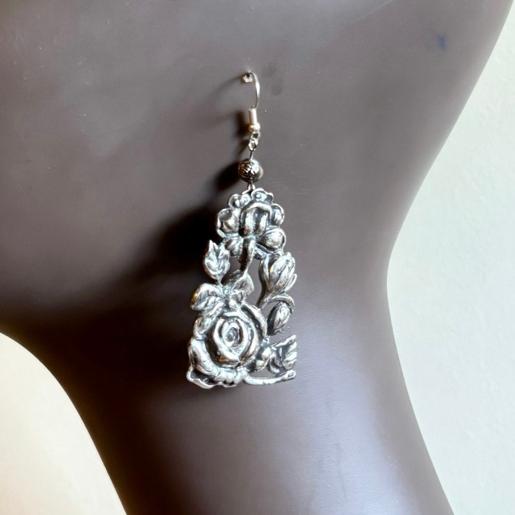 OOAK Antiqued Silver Roses Drop Earrings | Upcycled Vintage