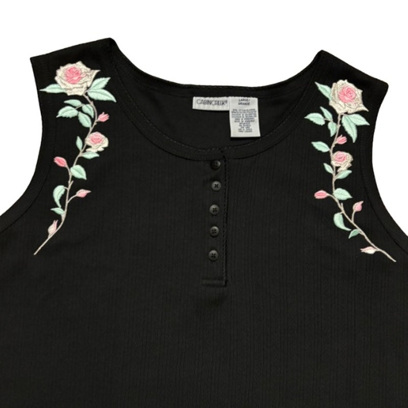 Vintage Metallic Silver Pink Rose Stem Patch Black Ribbed Quarter Button Down Sleeveless Shirt (Large)