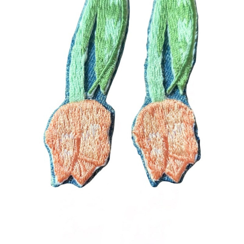 Upcycled Vintage Pastel Orange Tulip Embroidered Patch + Denim Earrings (Upside Down)