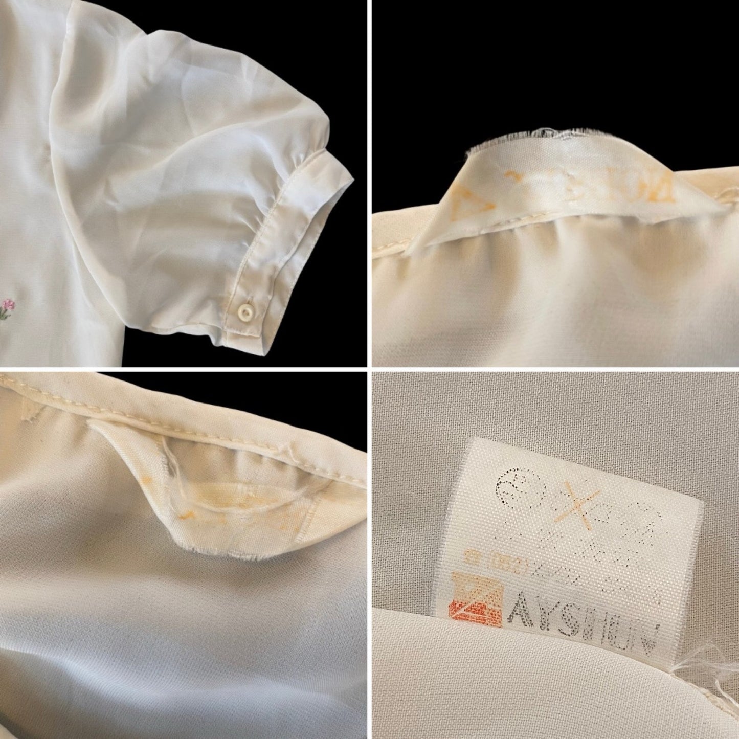 Vintage White Ruffle Collar Embroidered Pink & Green Flowers Sheer Button Down Blouse  (S)