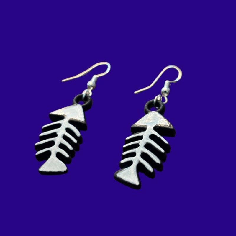Black and White Handpainted Y2K Fish Skeleton Charm Earrings
