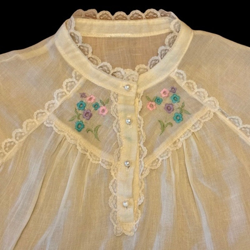 Vintage Sheer Pastel Yellow Floral Embroidered Lace Collar Short Sleeve Blouse (S-M)