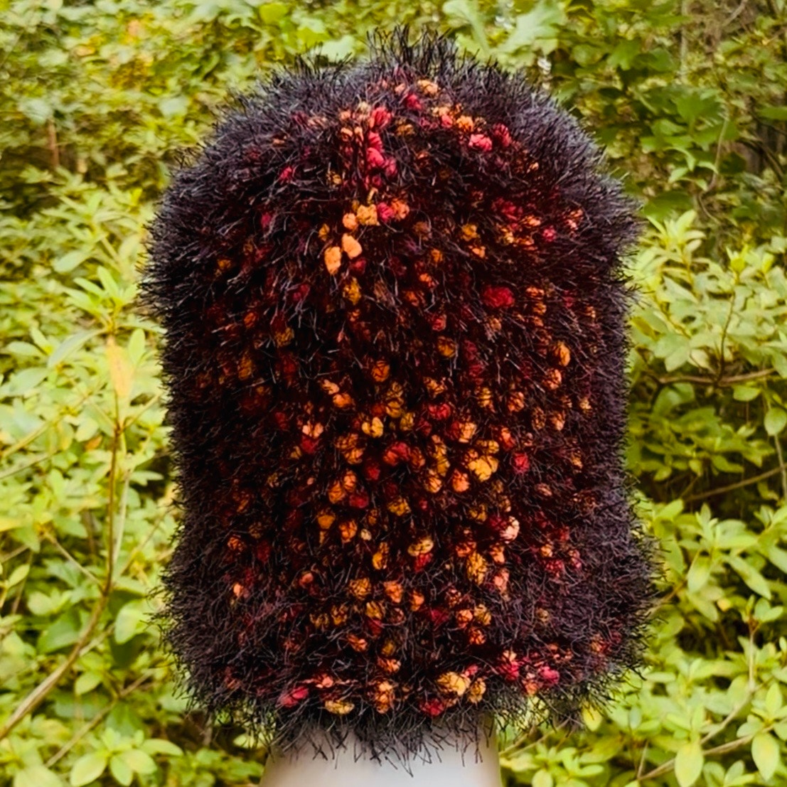 Hand-knit Fuzzy Orange, Red & Black Bucket Hat (OSFM)
