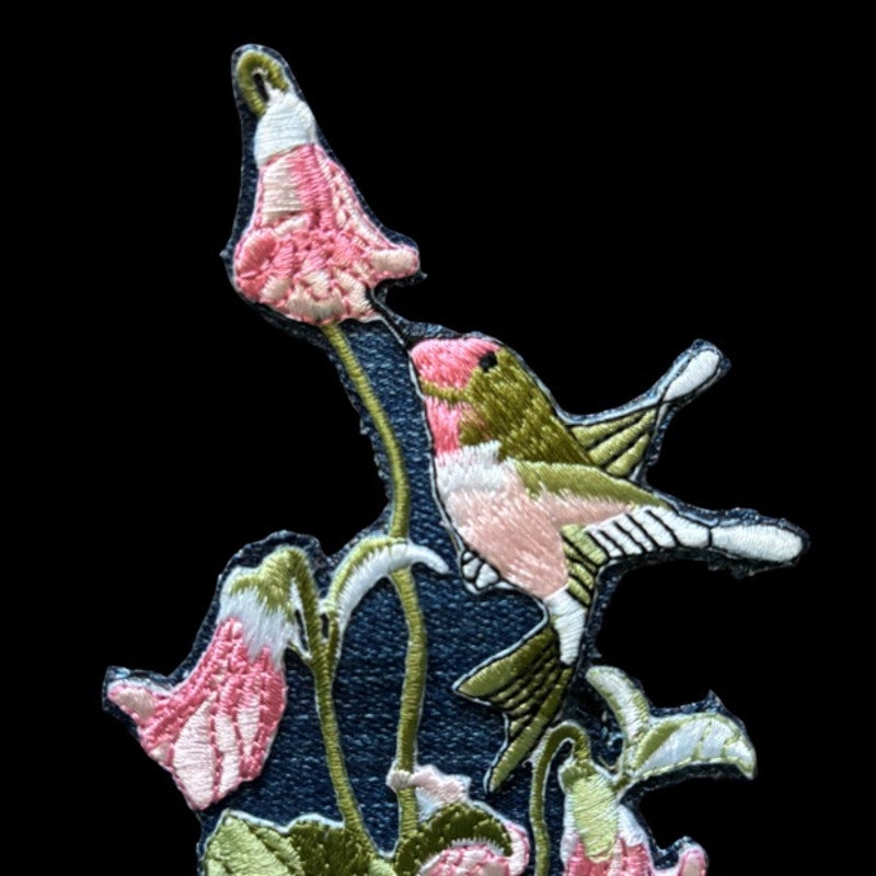 Pink & Green Hummingbird Vintage Embroidered Patch Pin