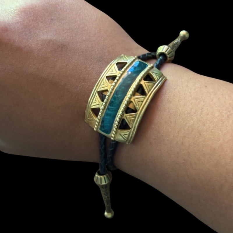 Upcycled Vintage Art Deco Gold and Green Curved Rectangle Bar Bolo Bracelet