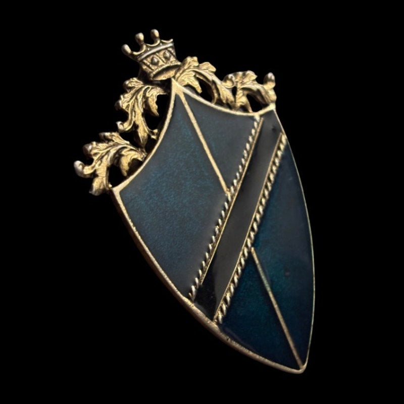 Vintage Gold Toned Metal, Green & Black Enamel Medieval Style Shield Brooch