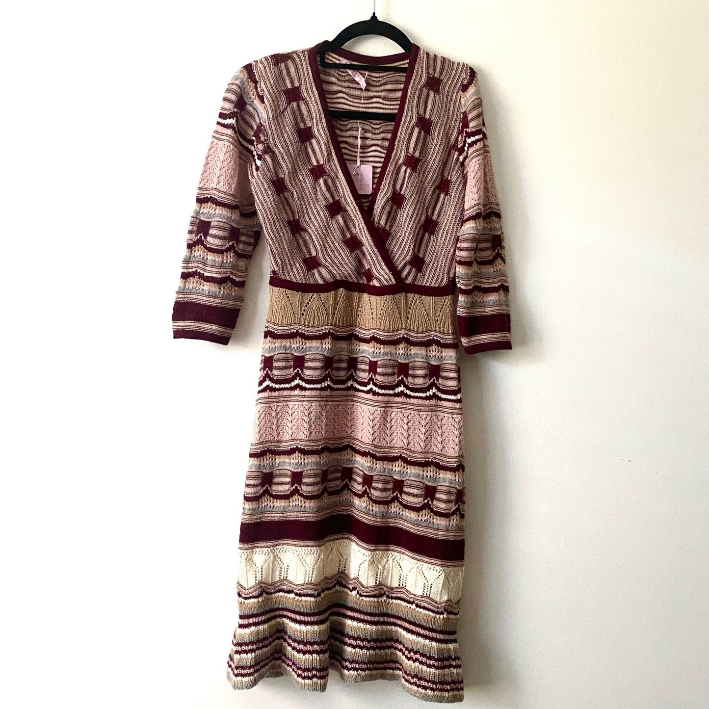 NWT V-Neck Pink/ Burgundy/ Cream/ Striped Baby Alpaca Wool Knit Ruffle Hem Dress (M)