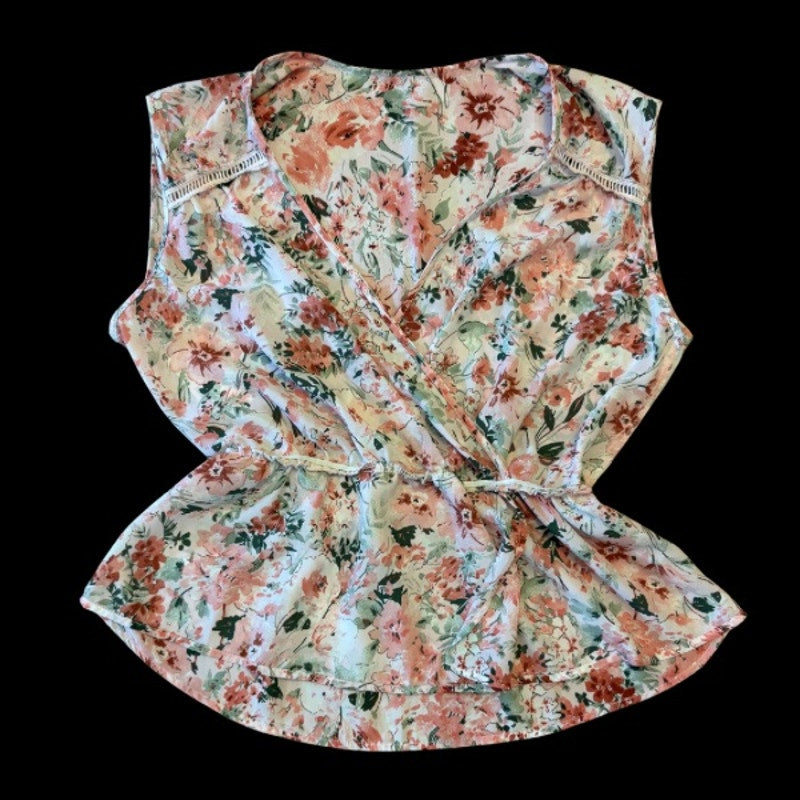 NWT Pink & Green Watercolor Floral Sleeveless Wrap Blouse (Large)