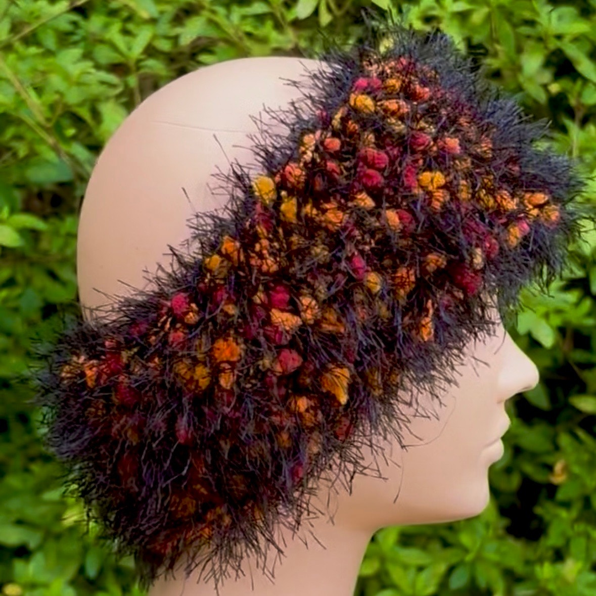 Hand-knit Fuzzy Orange, Red & Black Headband/ Ear Warmer (S/M)