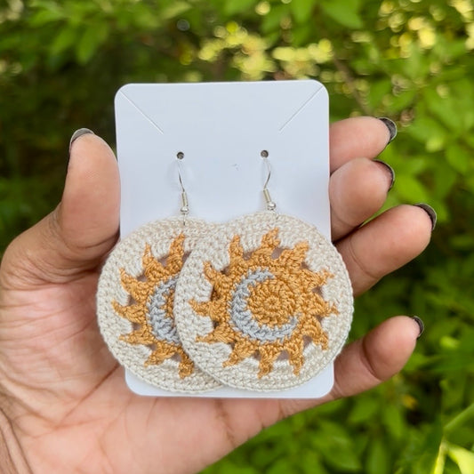 Cream Sun and Moon Micro-crocheted Disc Earrings | Made by Maya