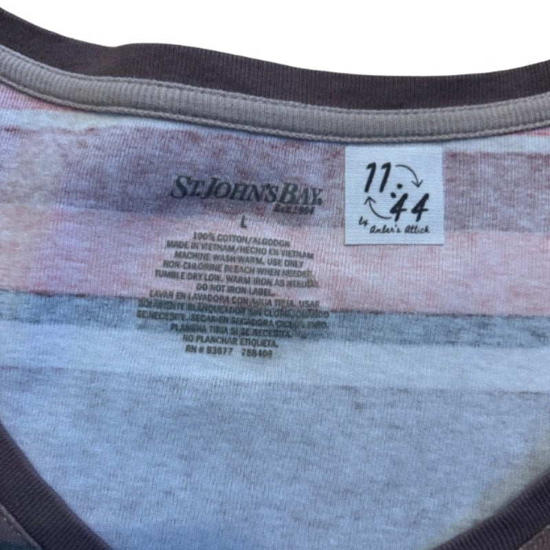 Vintage Sun and Moon Patch Coral Pink/Green Striped 3/4 Sleeve Cotton V-Neck Top (L-XL)