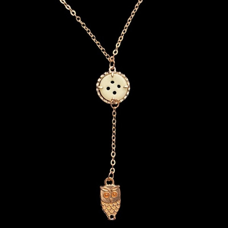 White Button & Gold Owl Charm Layered Drop Pendant Necklace
