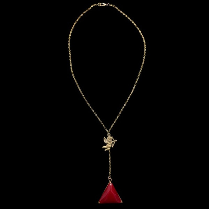 Bronze Cupid & Vintage Red Triangle Earring Layered Drop Pendant Necklace