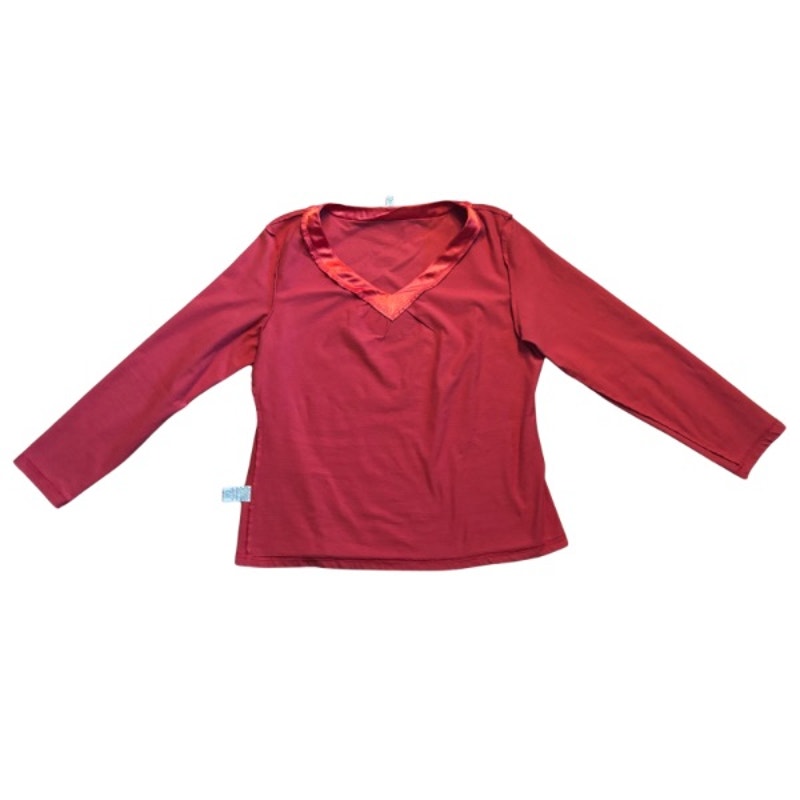 Vintage Sun and Moon Patch Red Satin Trim V-Neck Longsleeve Top (L-XL)