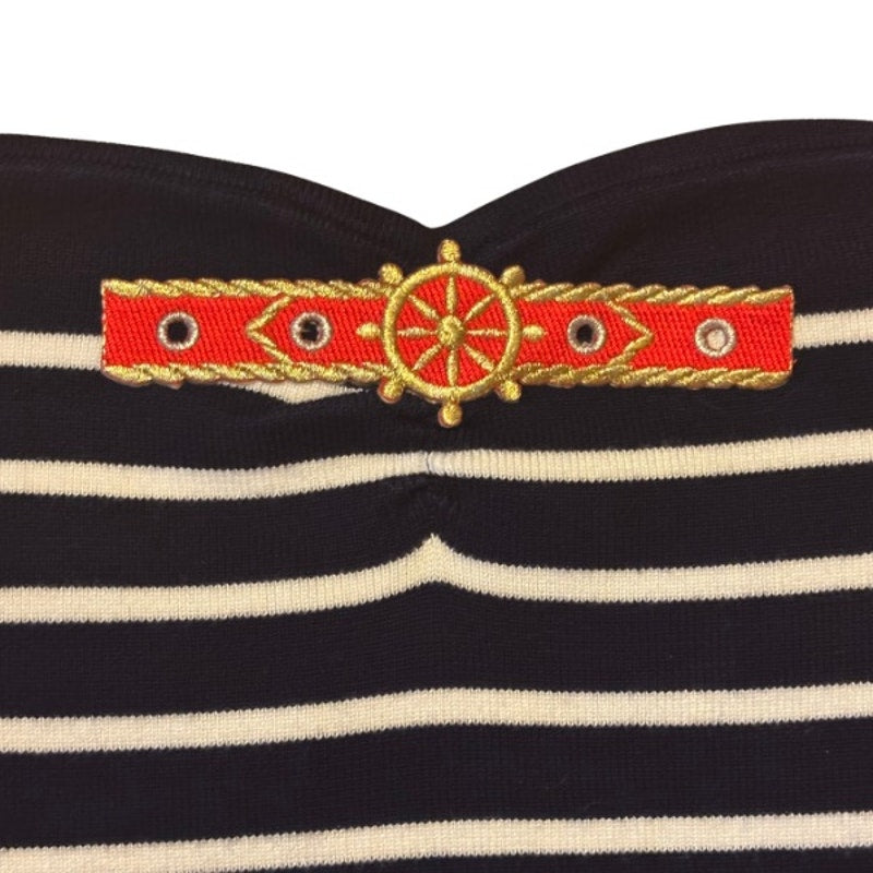 Vintage Red Ship Wheel Patch White & Blue Striped Strapless Bralette (XXS)