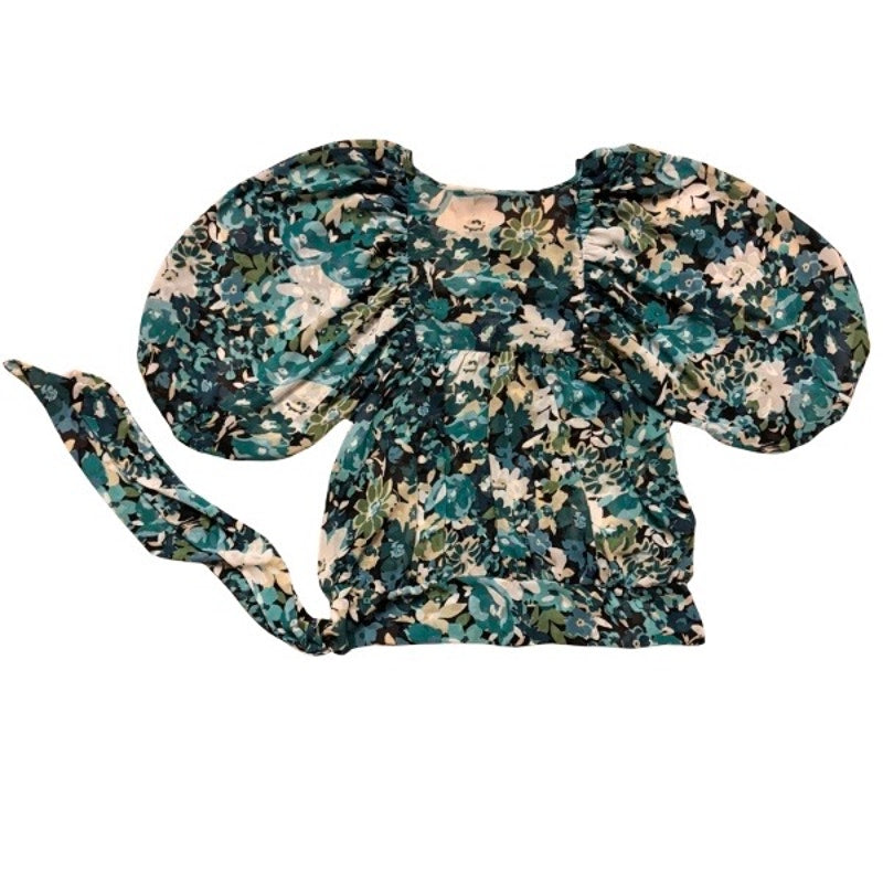 Sheer Blue/Green Floral Puffed Sleeve Peasant Top w/ Sash (L)