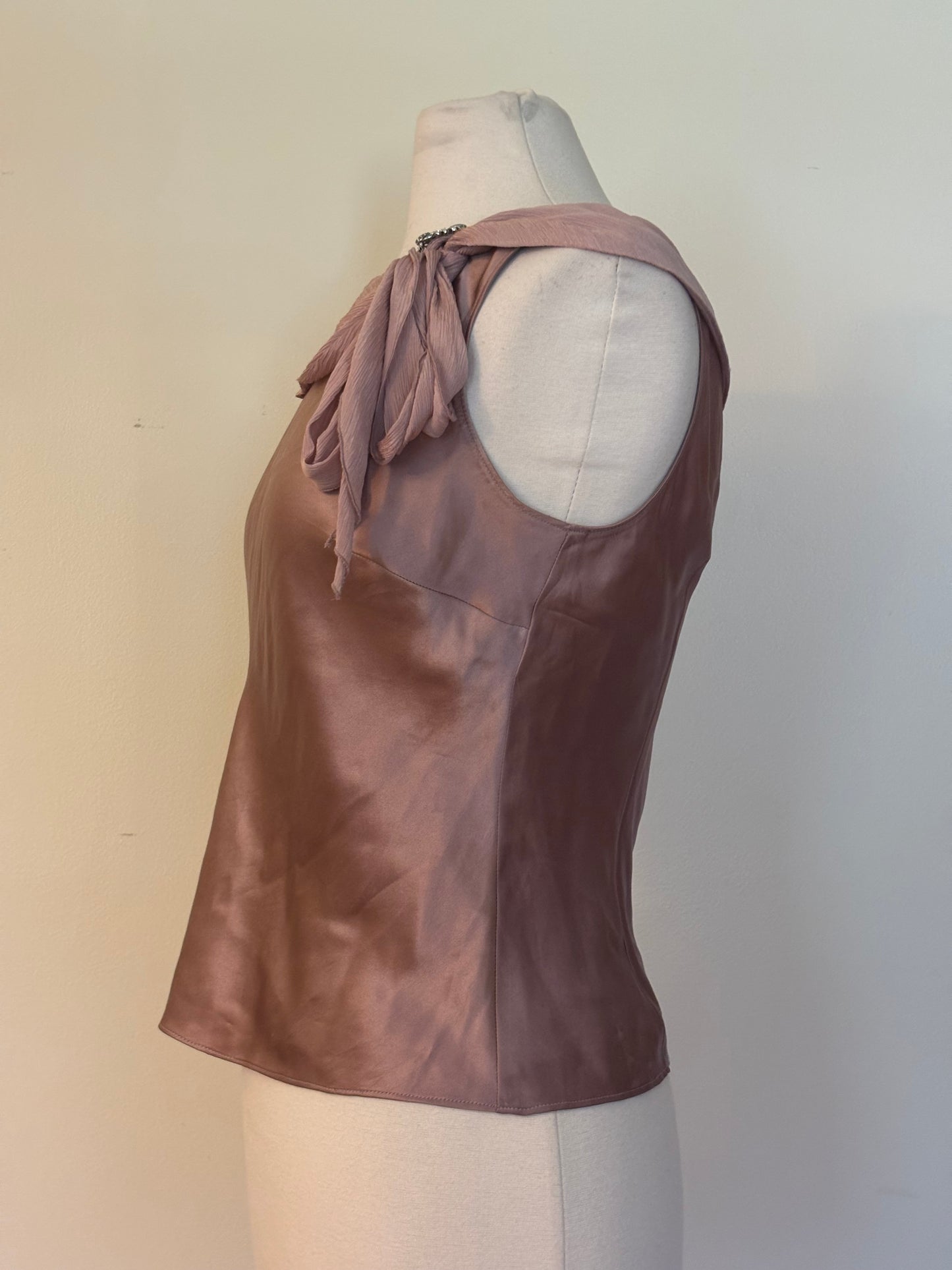 Mauve Pink 100% Silk Sleeveless Blouse with Silver Rhinestone Brooch (6P)