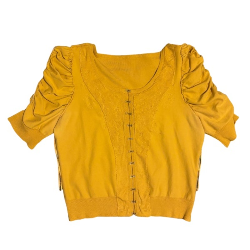 Mustard Yellow Beaded Flower Ruched Half Sleeve Cardigan (Large)