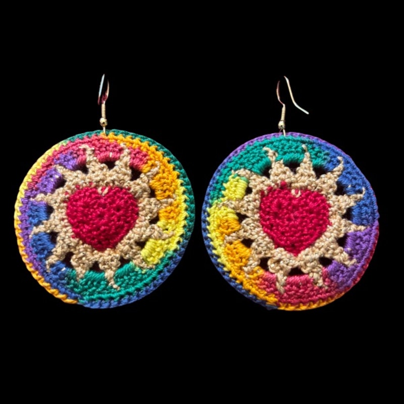 Red, Gold, & Rainbow Hearts on Fire Micro-crocheted Disc Earrings