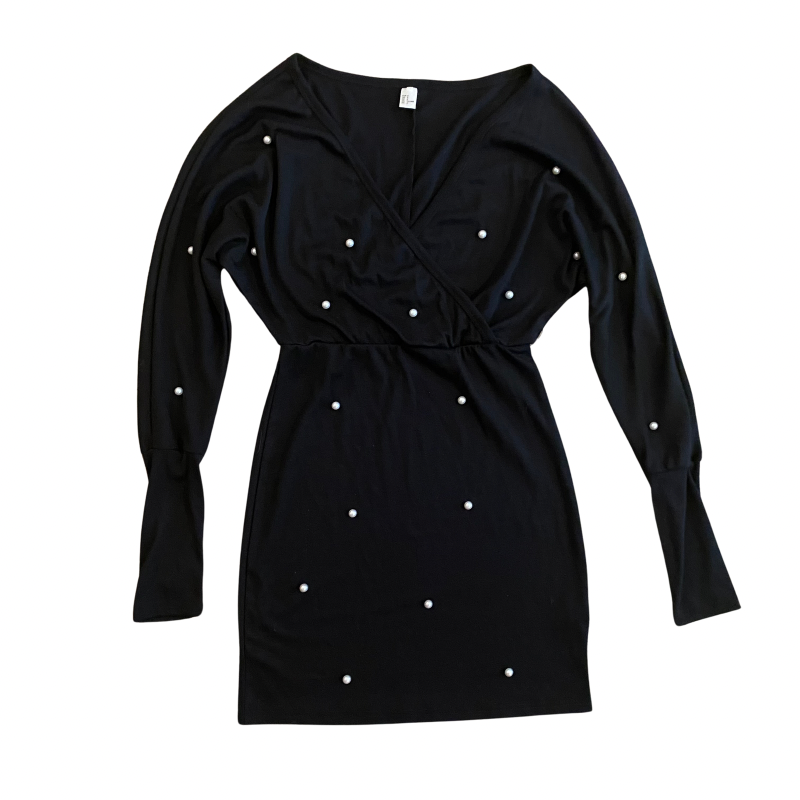 🔔 V-Neck Black Pearl Embellished Dress (S)