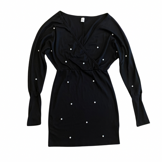 🔔 V-Neck Black Pearl Embellished Dress (S)