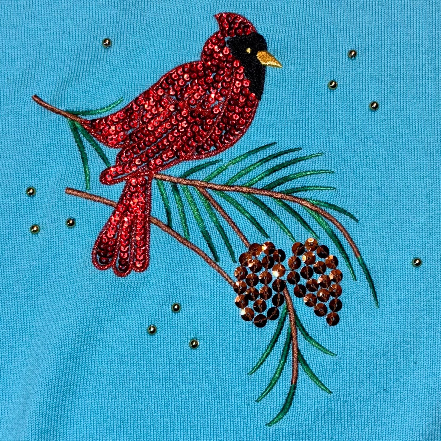 Y2K Aqua Blue Sequin Embroidered Red Cardinal in the Pines Sweater (M)