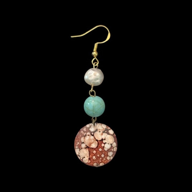 Baroque-Inspired Costume Pearl, Turquoise, & Brown Jasper Shell Bead Drop Earrings