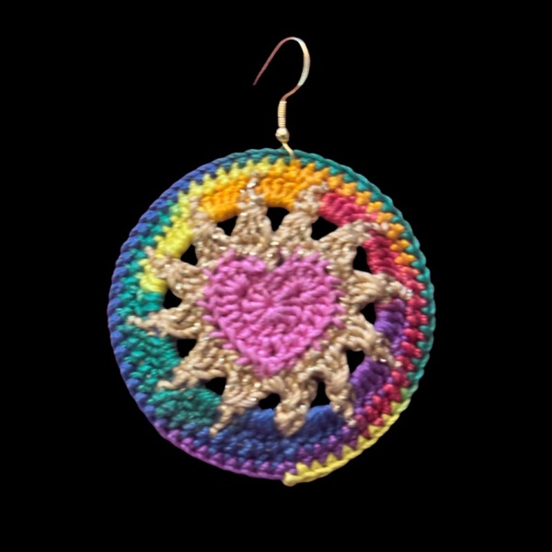 Pink, Gold, & Rainbow Hearts on Fire Micro-crocheted Disc Earrings