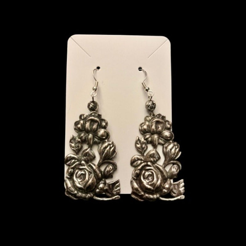 OOAK Antiqued Silver Roses Drop Earrings | Upcycled Vintage