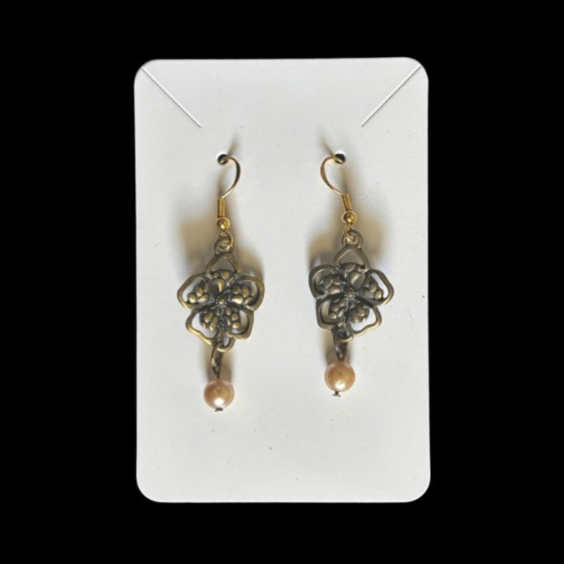 Baroque-Inspired Bronze Flower & Cream Pearl Drop Earrings