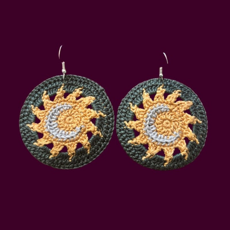 Forest Green Sun and Moon Micro-crocheted Disc Earrings | Made by Maya