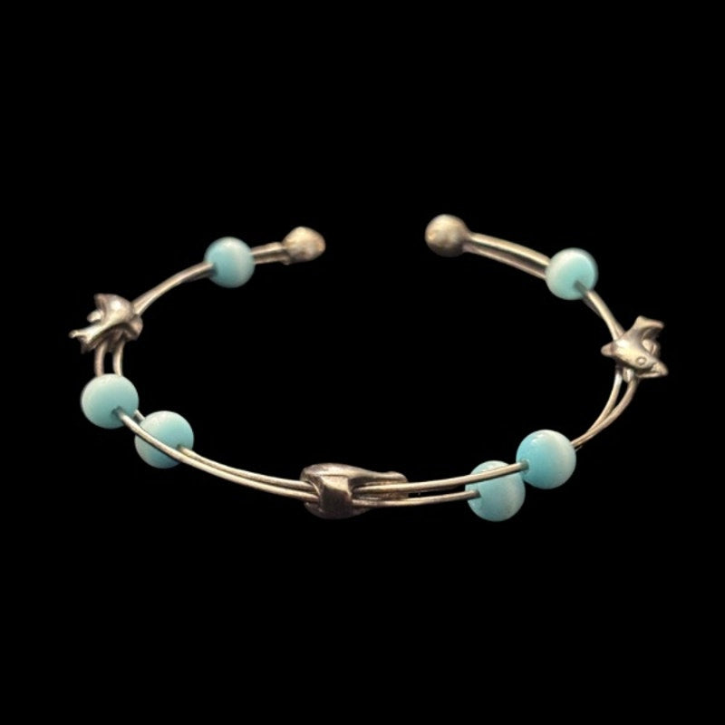 Vintage Silver Dolphin & Aquamarine Bead Wire Cuff Bracelet