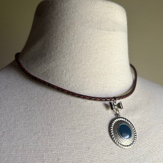 Silver & Blue Disc & Bow Pendant Leather Cord Choker Necklace