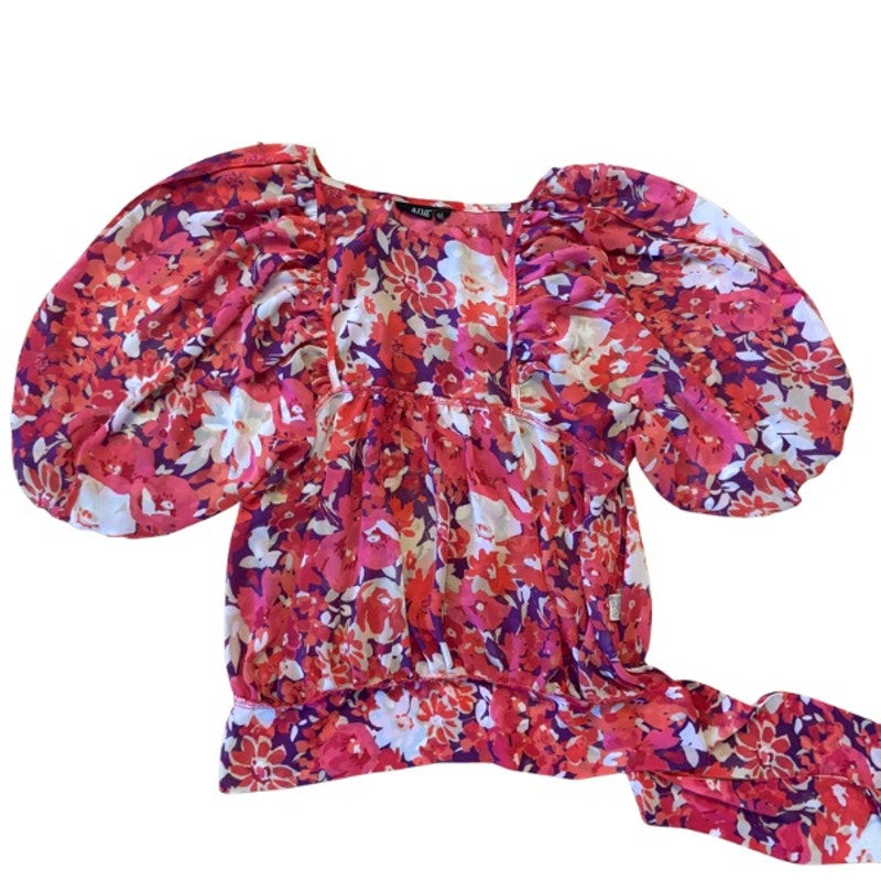 Sheer Pink/Purple Floral Puffed Sleeve Peasant Top w/ Sash (L)