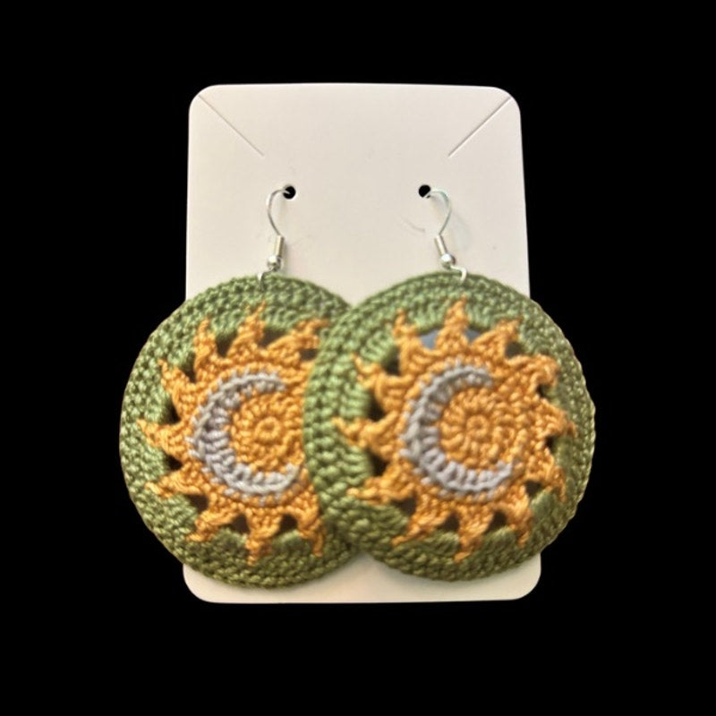 Sage Green Sun and Moon Micro-crocheted Disc Earrings | Made by Maya