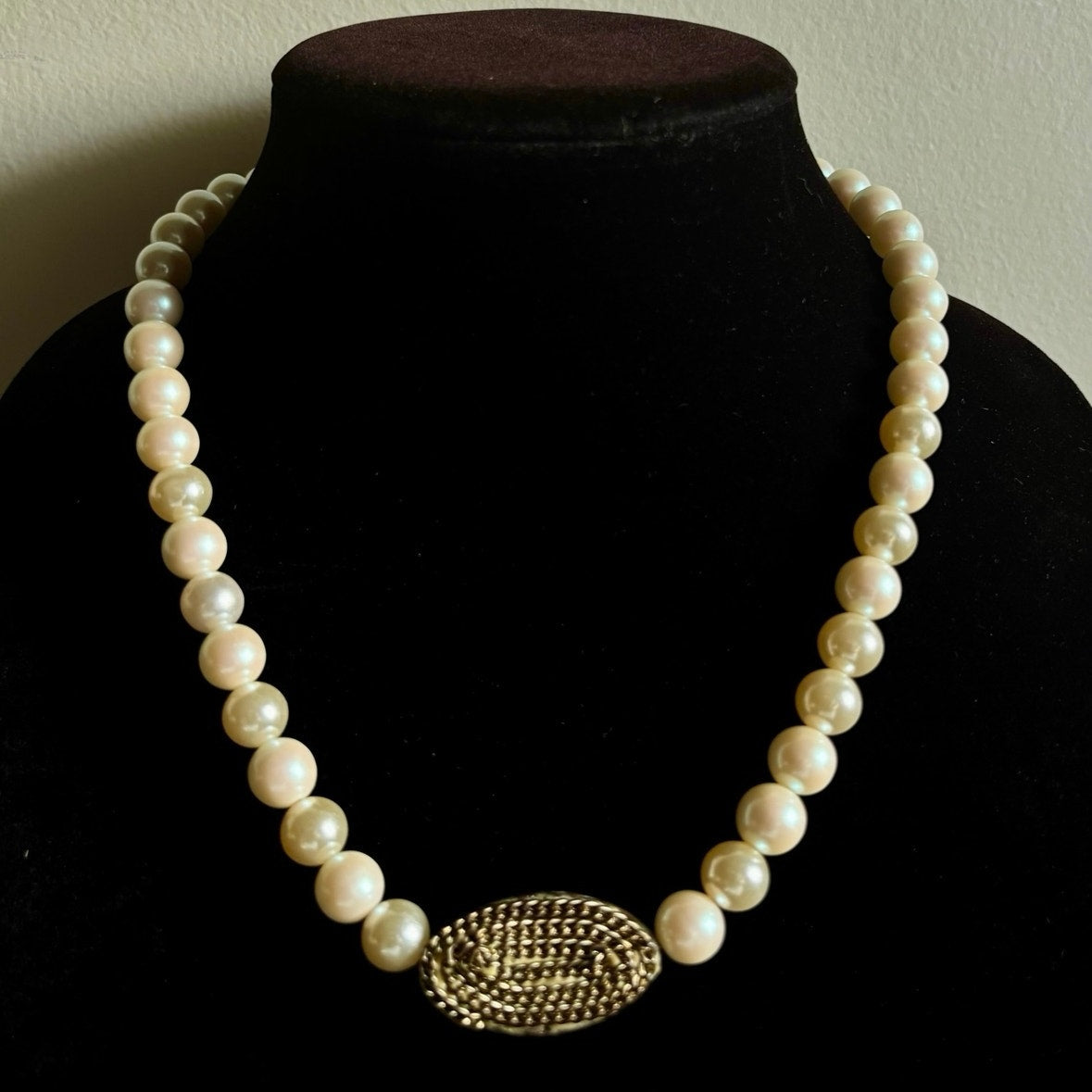 Oval Bronze Accent Mock Pearl Necklace | Handmade with Vintage Beads
