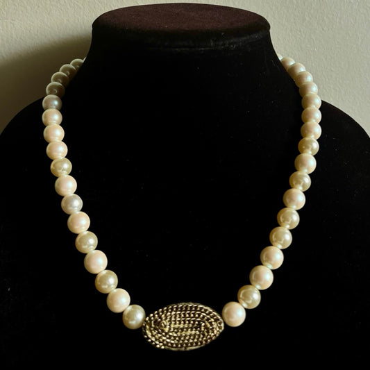 Oval Bronze Accent Mock Pearl Necklace | Handmade with Vintage Beads