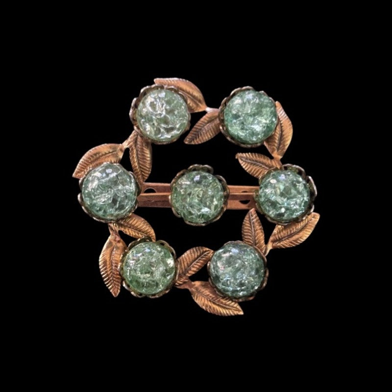 Vintage Mock Peridot Orb Gold-Toned Leaf Filigree Wreath Brooch