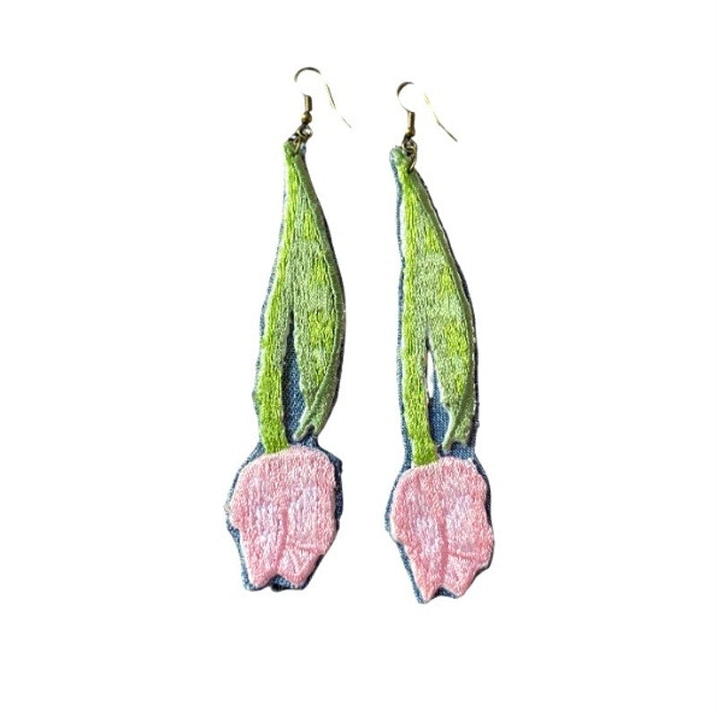 Upcycled Vintage Pink Tulip Embroidered Patch + Denim Earrings (Upside Down)