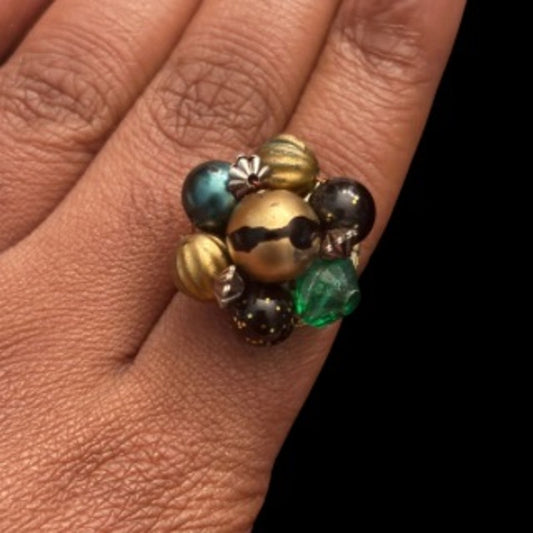 Black, Gold, and Green Beaded Flower Upcycled Vintage Earring Ring (6.5-8)