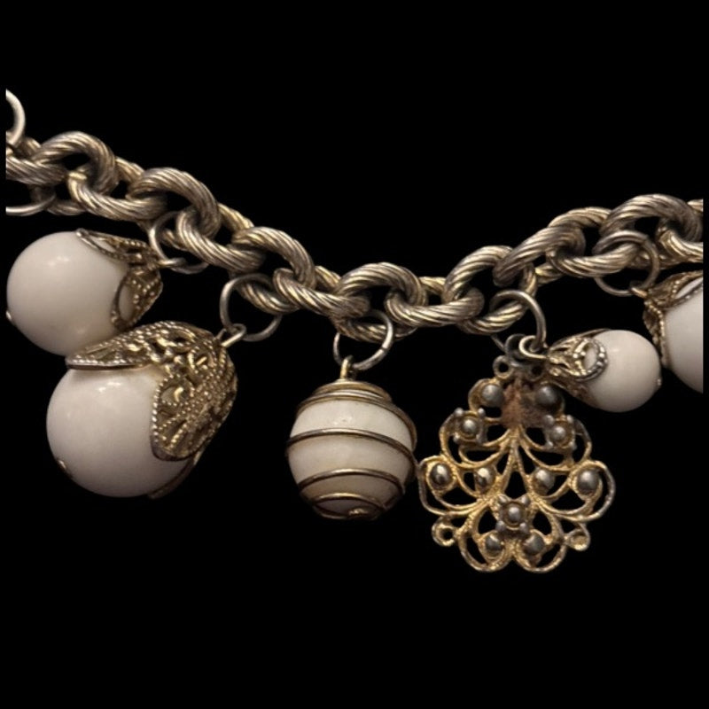 Vintage White & Silver Bauble Filigree Charm Chain Bracelet