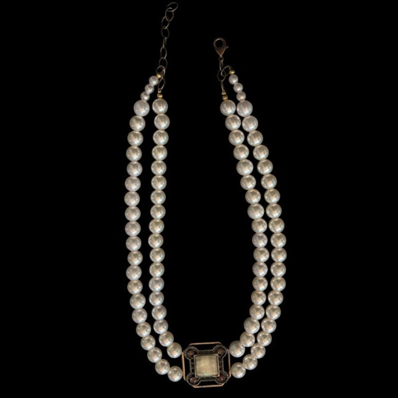Double Strand Pearl Necklace with Square Vintage Costume Jade & Amber Rhinestone Studded Bronze Pendant