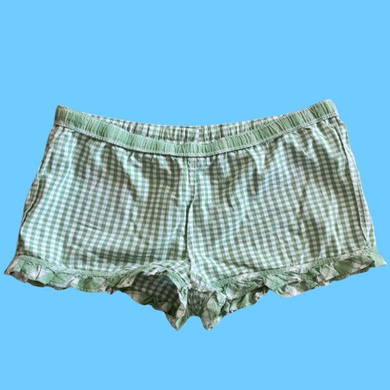 Vintage Daffodil Patch Green and White Gingham Ruffle Hem Cotton Lounge Bloomers (L)