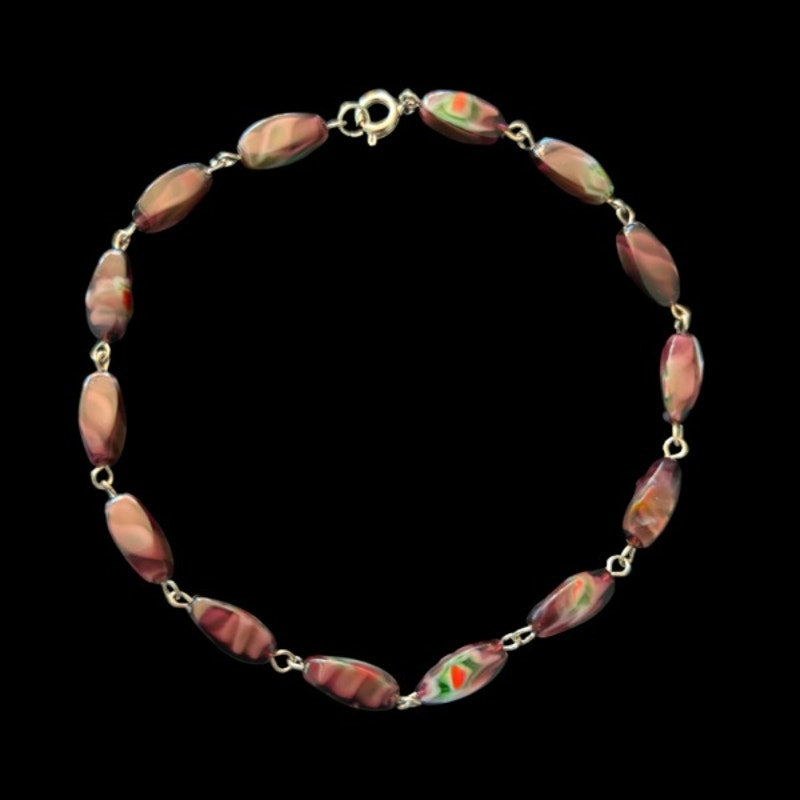 Purple/Blue/Red Swirl Glass Beaded Chain Anklet (L-XL)