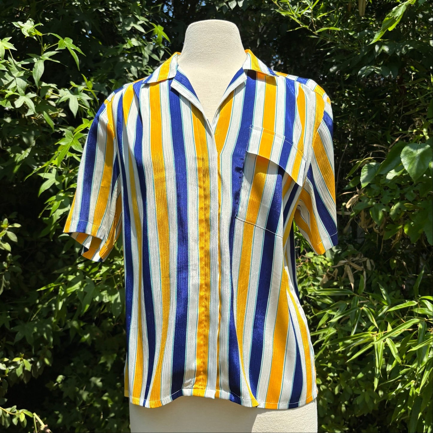 Vintage Textured Satin Yellow, White, & Blue Striped Short Sleeve Shirt (M/L)