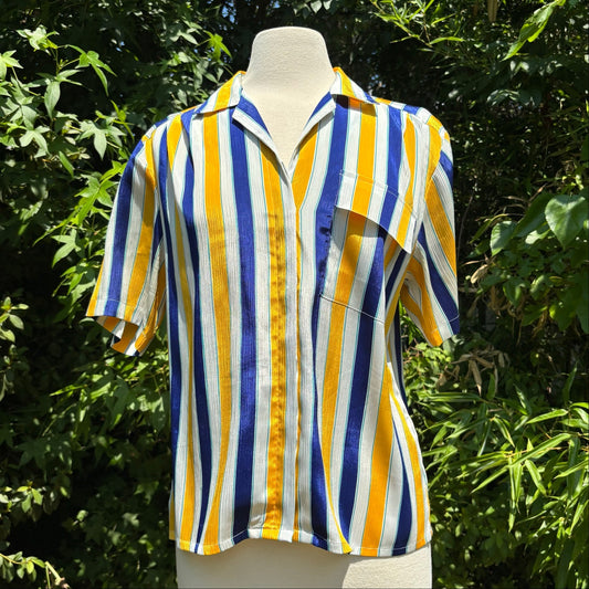 Vintage Textured Satin Yellow, White, & Blue Striped Short Sleeve Shirt (M/L)