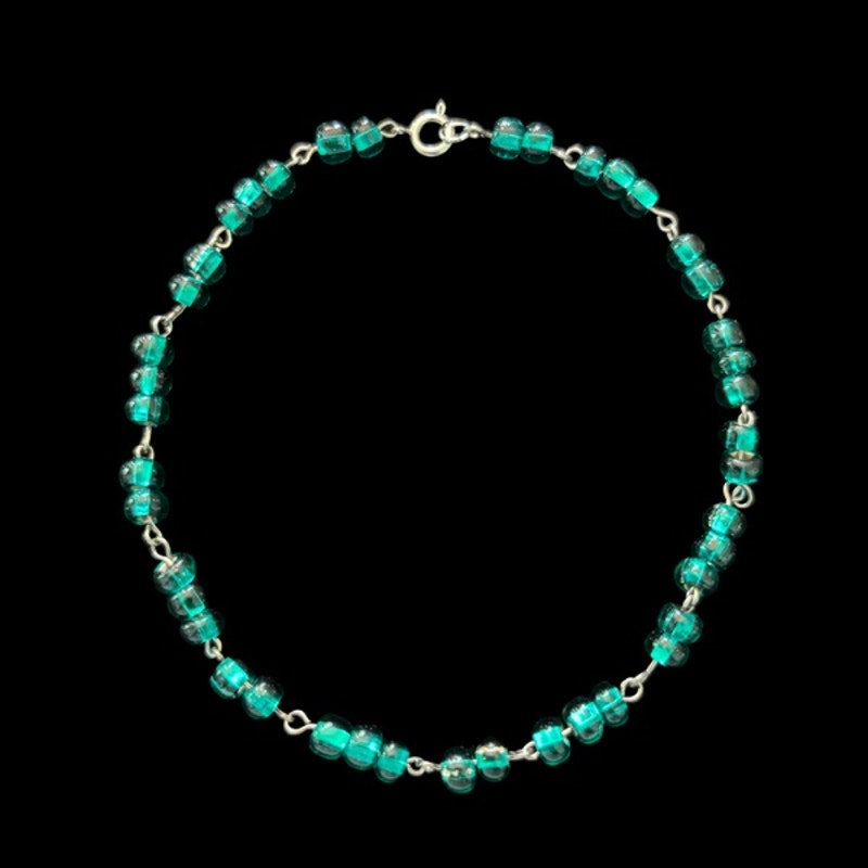 Teal Green Glass Beaded Chain Anklet (XL)
