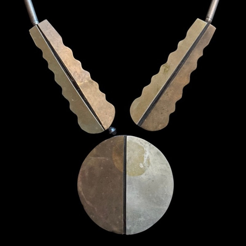 Vintage Black, Bronze & Silver Beaded Mixed Metal & Wood Disc Pendant Necklace