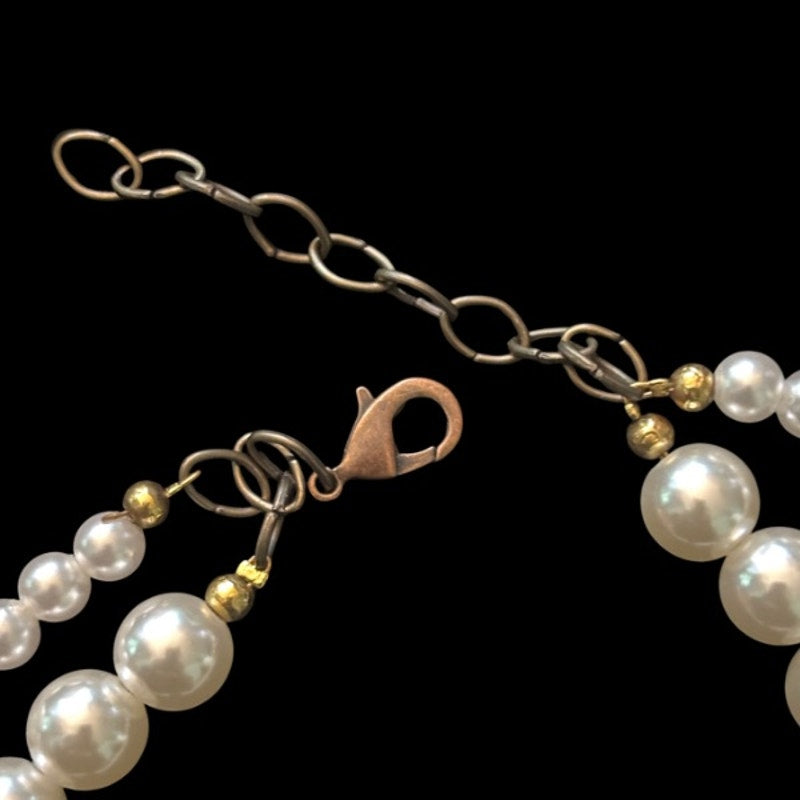 Double Strand Pearl Necklace with Square Vintage Costume Jade & Amber Rhinestone Studded Bronze Pendant