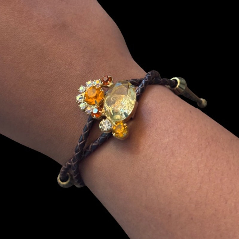 Upcycled Vintage Abstract Mock Yellow Orange Topaz Rhinestone Cluster Bolo Bracelet